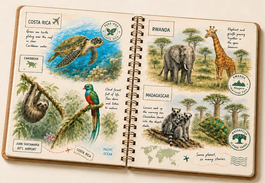コスタリカのウミガメとナマケモノ、ルワンダのゾウとキリン、マダガスカルのキツネザルを水彩で描いた旅ノート