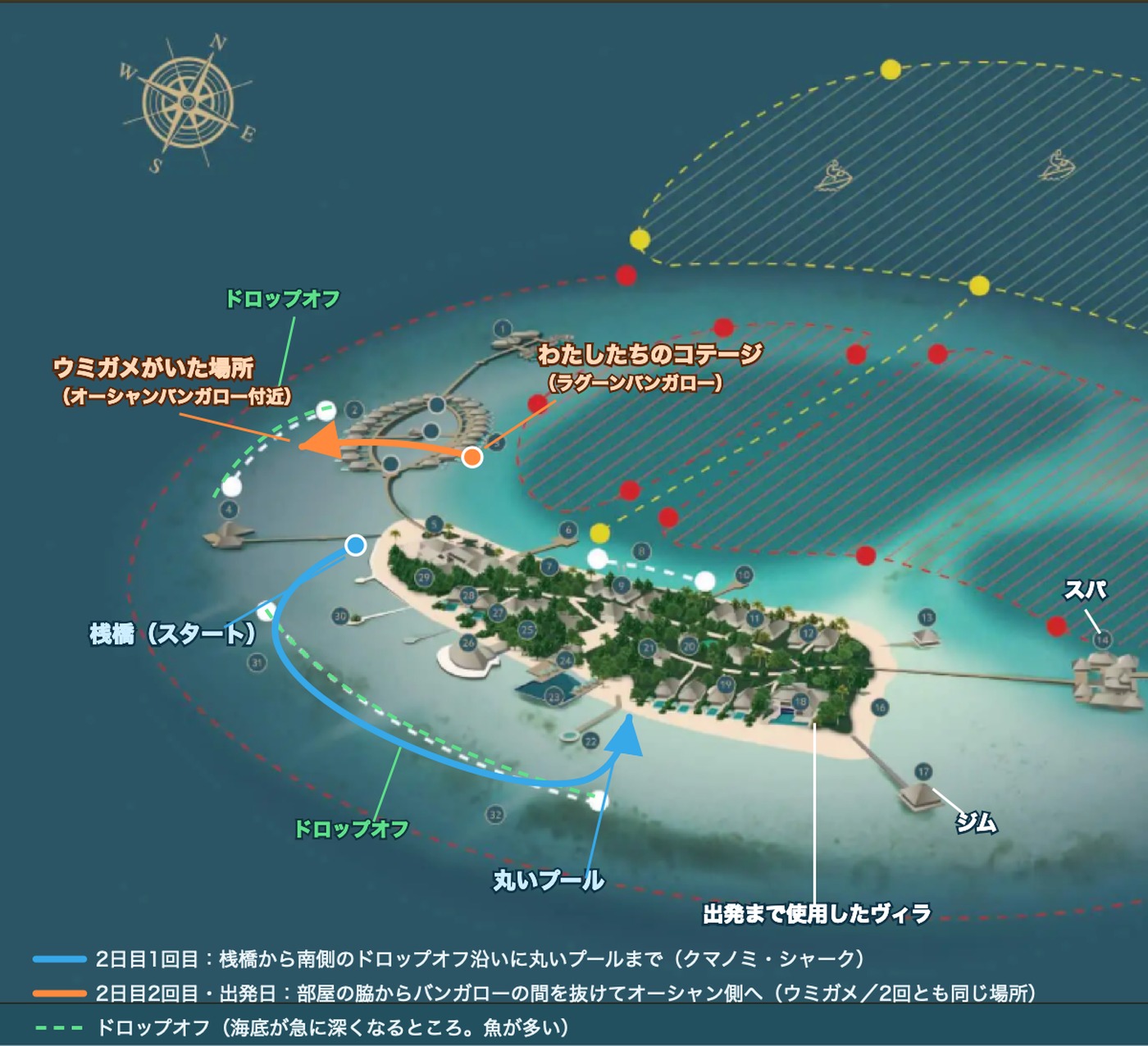 フヴァフェンフシのハウスリーフで実際に泳いだルートを書き込んだ地図