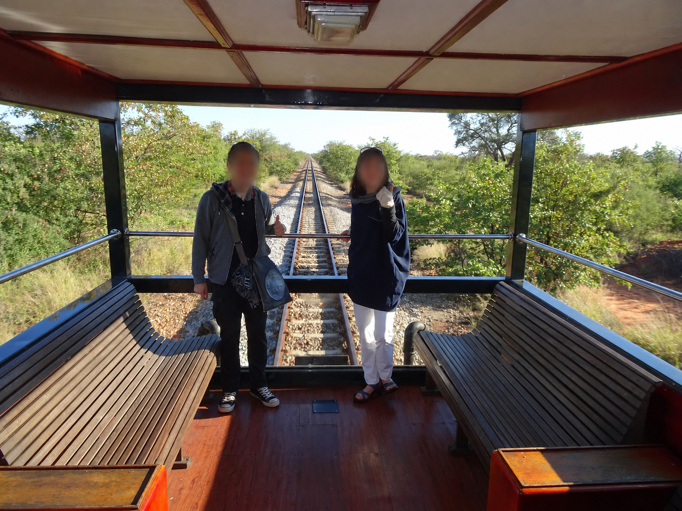 列車最後尾、展望デッキから見た線路
